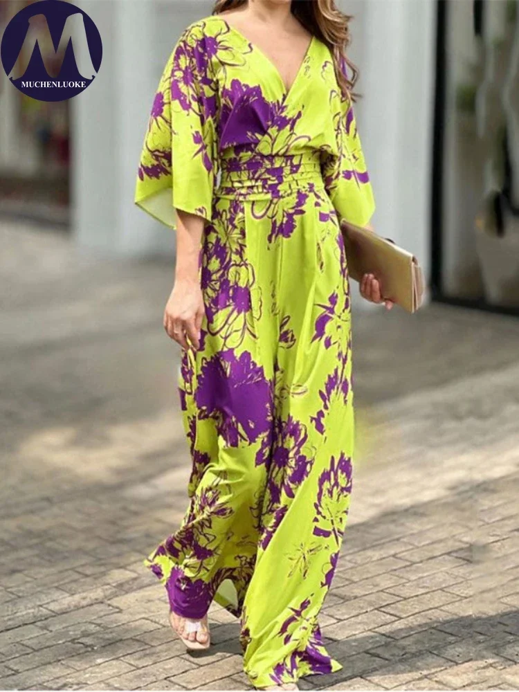 High Waisted Jumpsuit for Women Bat Sleeve V Neck Fashionable Casual Loose Printing Summer New 2024