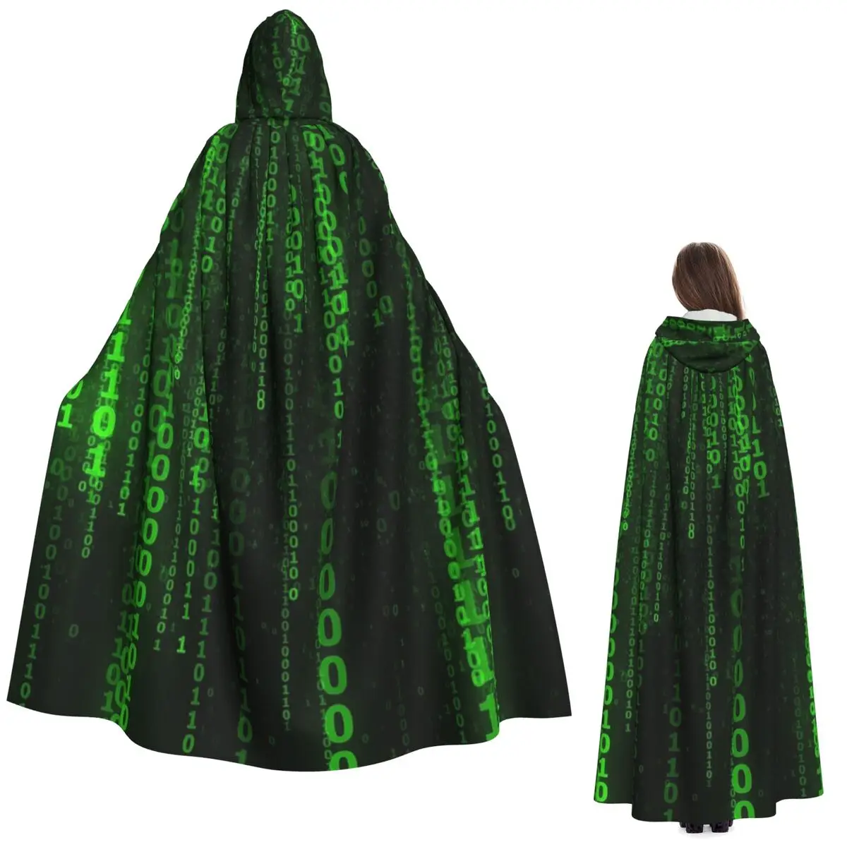 Green Matrix Binary Code Background Long Hooded Cloak Witch Medieval Costume Cosplay Cape HalloweenCoat Adult Unisex