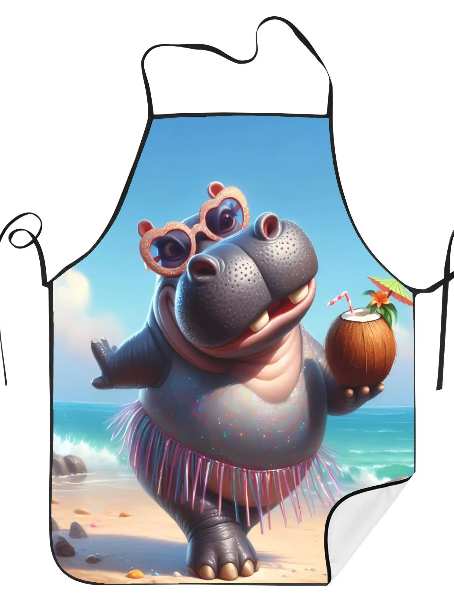 1pc Fun Hippo Kitchen Apron Tropical Beach Print Lightweight Polyester Adjustable Neck Strap Waist Ties Cooking BBQ Gardening