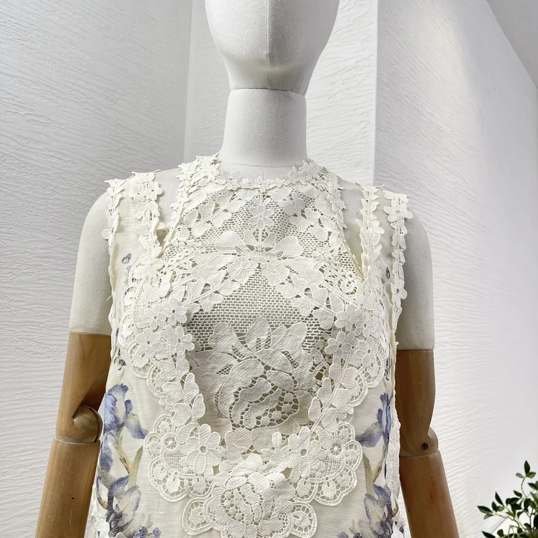 

White Sleeveless Lace Patchwork Raised Floral Print Vest Mini and Dress Set 2025 New Design