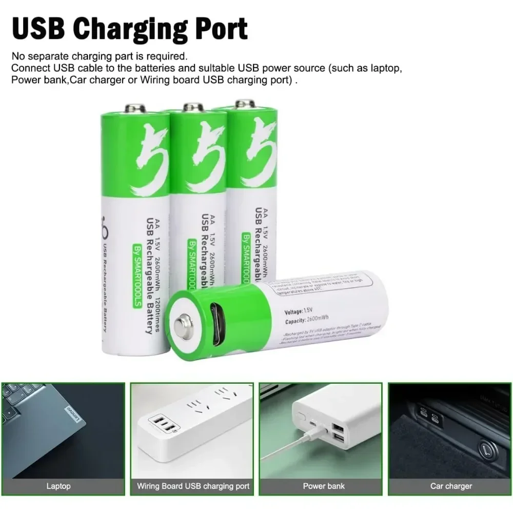 4 buah baterai Li-ion isi ulang USB 1.5V AA 2600mWh kapasitas tinggi untuk Mouse pengendali jarak jauh baterai mainan elektrik + kabel