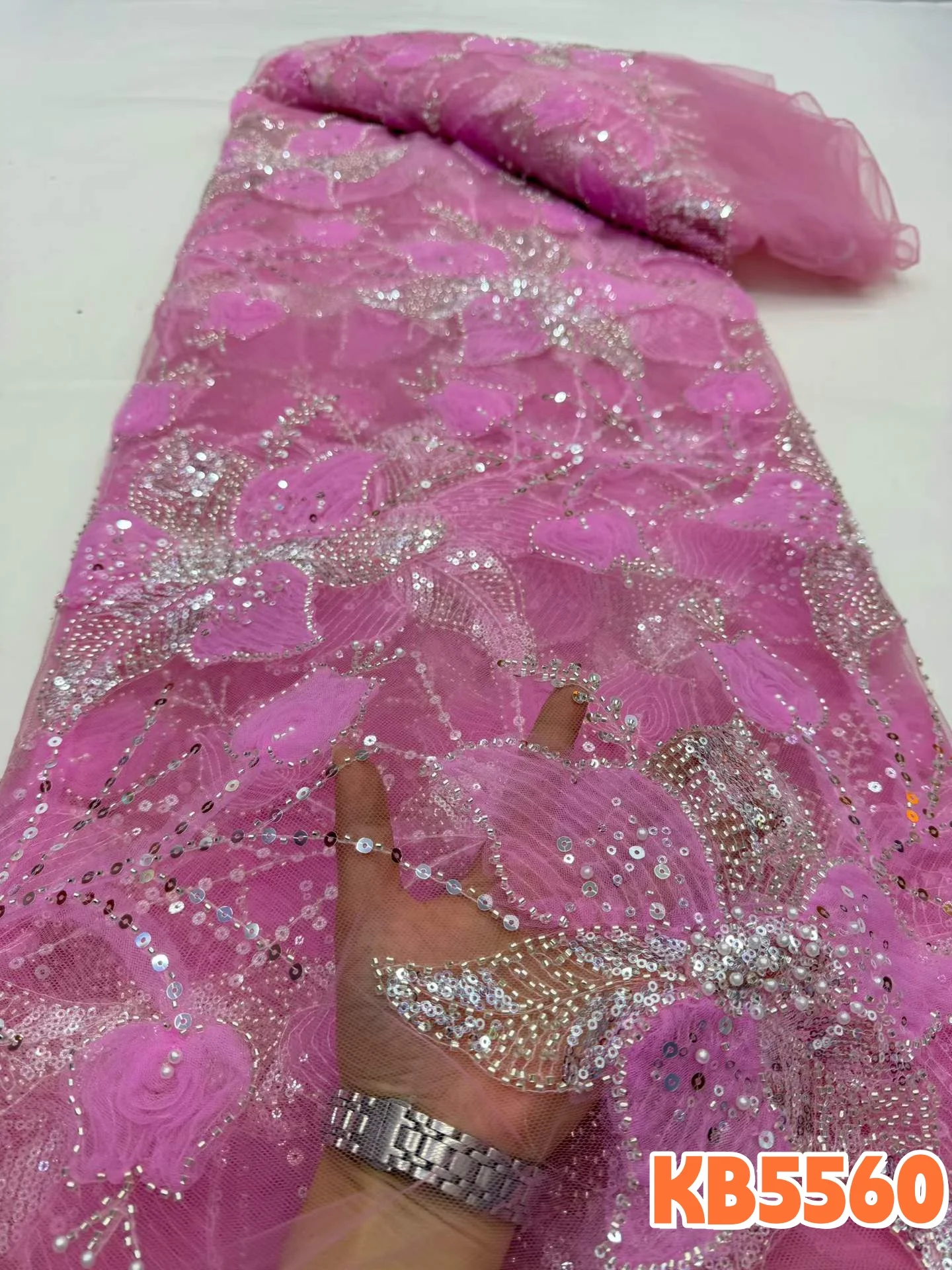 

YALISI New 3d Flower Beaded Lace Fabrics Lace 5 Yards High Quality Sequence French Mesh Purple Lace Fabrics for Sewing KB5560