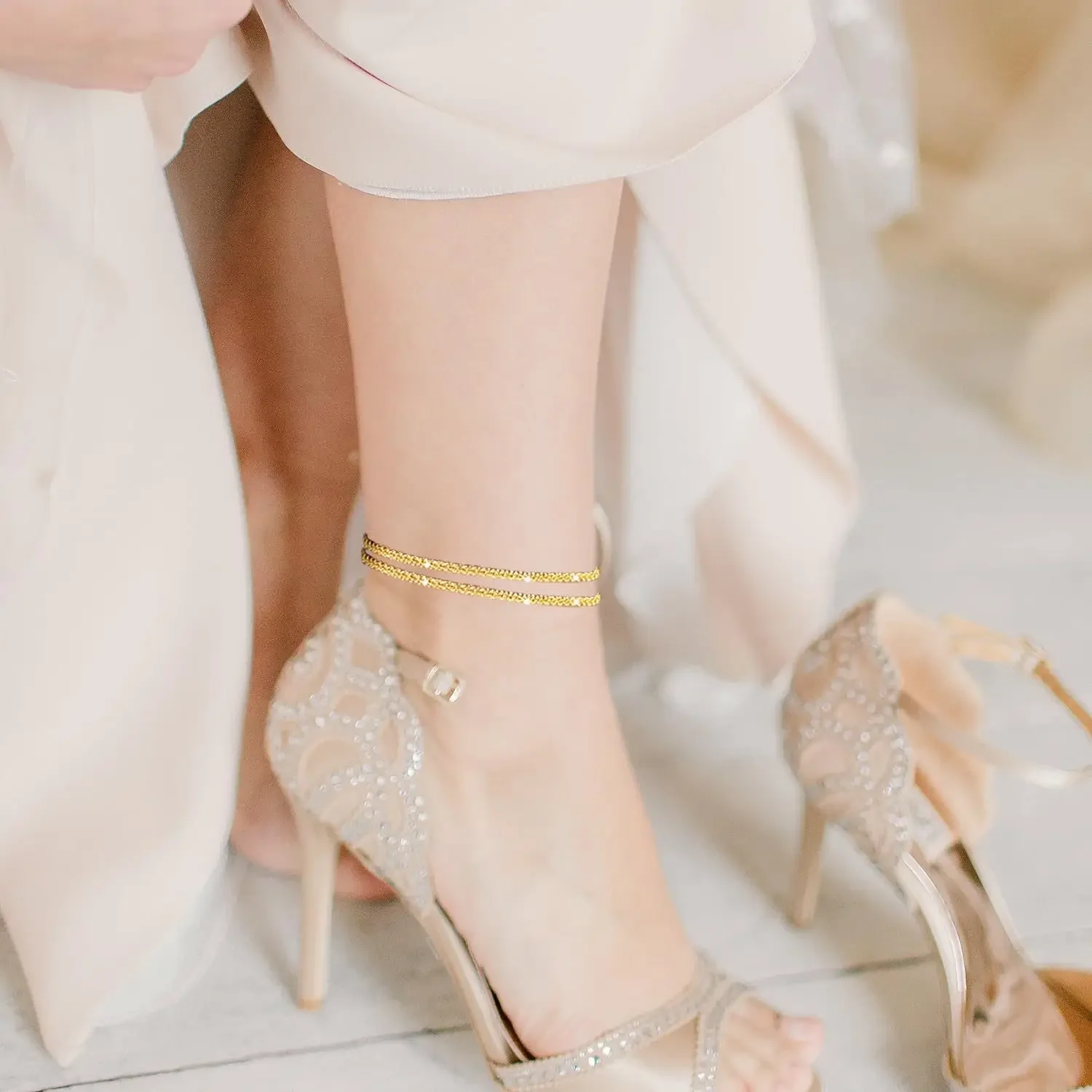 الصيف لامعة تألق النحاس خلخال للنساء الفضة الذهب اللون متعدد الطبقات سلسلة على الساق القدم الشاطئ الكاحل سوار مجوهرات