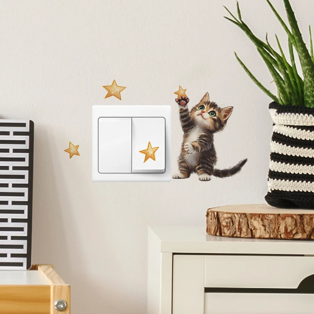 Cartoon Kitten Picking Stars Switch Sticker For Kids Room Switch Decoration Decals Bedroom Socket Decor Self-adhesive Wall Mural