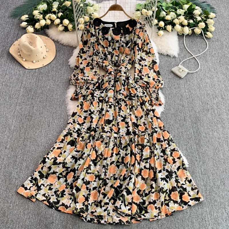 

SuperAen Three-dimensional Flower Round Neck Lantern Sleeve Dress Women's High Waist Dress for Women