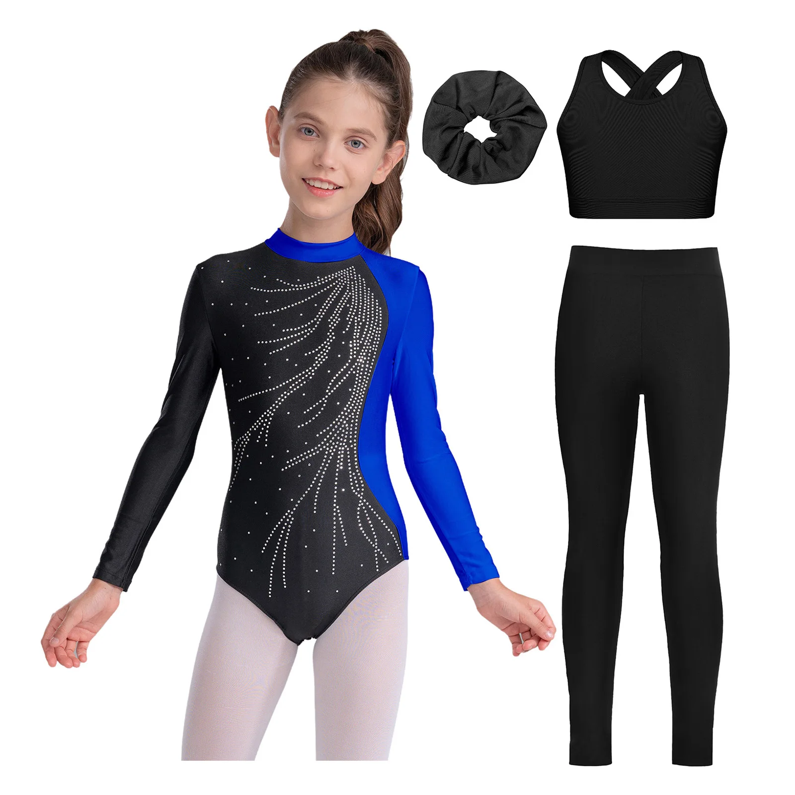 Kids Girls Rhinestones Gymnastics Outfit Ballet Dance Outfit Mock Neck Keyhole Back Leotard with Vest Leggings Hair Band