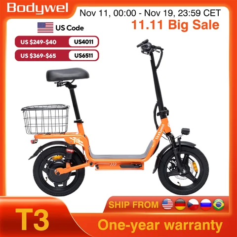 1000W Folding Electric Bike with Seat, 48V 13Ah 14 Inch Portable E-Bicycle with Rear Basket for Urban Travel Shopping Bodywel T3