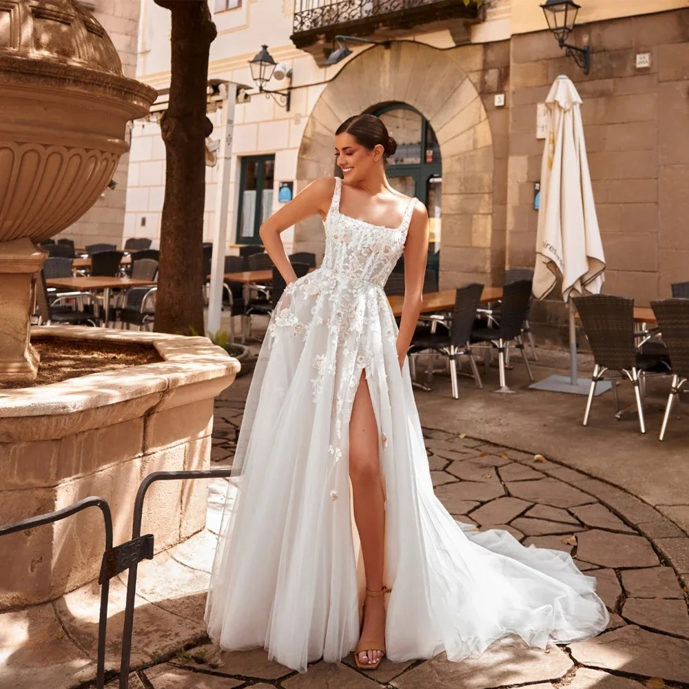 Customized  Exquisite Side Slit Wedding Dresses with Square Collar Sleeveless Bridal Gowns Women New Summer Vestido De Novia