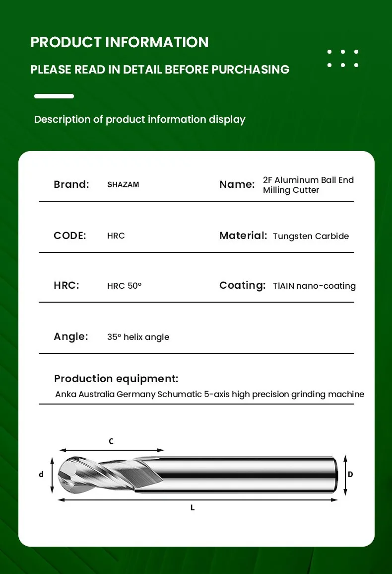Fräser HRC50 Kugelkopflegierung 2 Klingen Wolframstahlwerkzeuge für Aluminium CNC SHAZAM Großhandel Holzbearbeitung für Holzfräser – Detail 16
