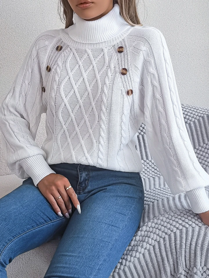 

Womens Autumn Cable Knit Sweater Solid Color Buttons Button Twist Turtleneck Lantern Sleeve Ribbed Knitted Pullover Loose Tops