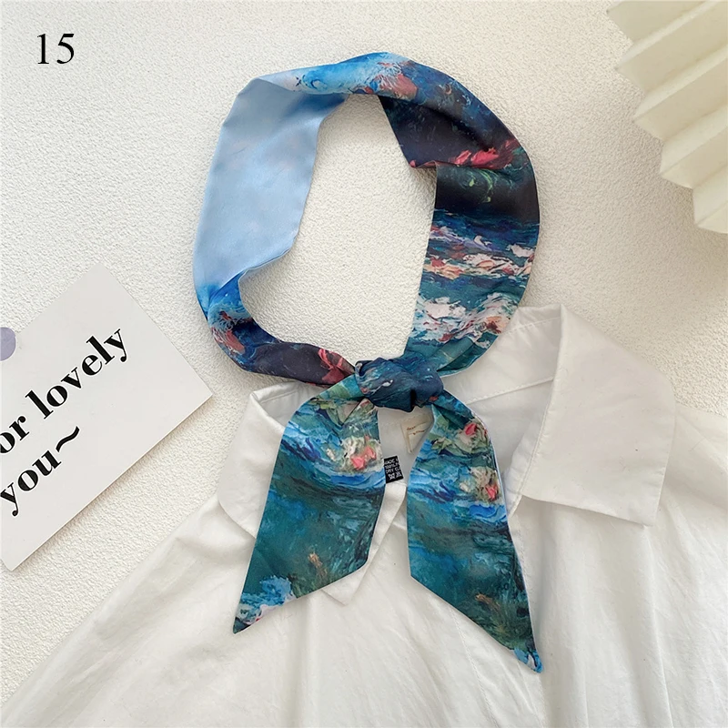 Fashion Narrow Silk Scarf Oil Painting Scarves Long Small Streamer Ribbon Art Neckerchief Headband Hair Tie Bag Accessories