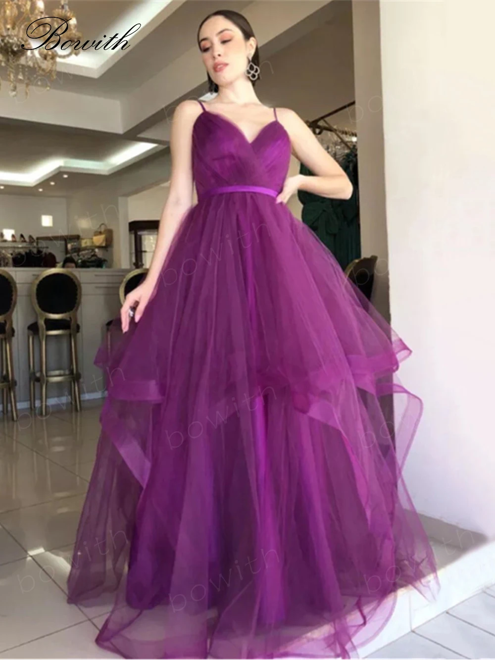 

Bowith Purple Evening Dresses lace Up Back Puffy Party Dresses for Women Maxi Formal Occasion Dresses with Belt robe de soirée