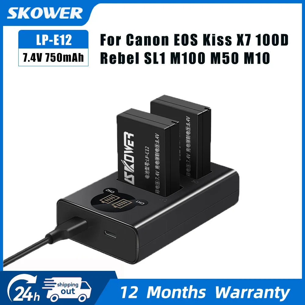 SKOWER 750mAh LP-E12 Battery for Canon Kiss X7 Rebel SL1 EOS 100D M M2 M10 M50 Mark II M100 M200 Camera Dual Charger