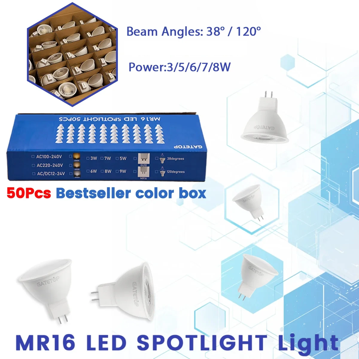 50個入り-led電球-mr16-gu53-ledスポットライト-3w-8w-ac-100v-220v-38度-120-ボンビージャ-ledランプ-スポットライト-室内照明