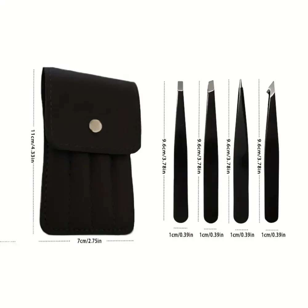 4PCS/Set Stainless Steel Slanted Tweezers Set With Storage Bag Portable Beard Tweezers Pointed Tip Eyelash Tweezers
