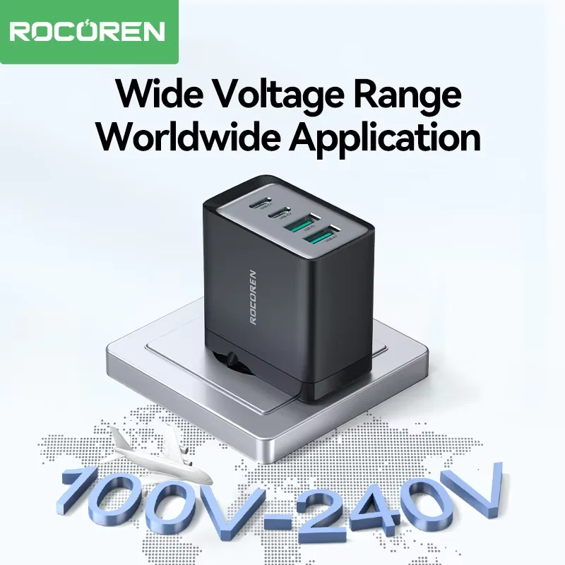 Rocoren GaN 45W 4 in 1 Multiple Ports Fast Charging USB Type C Portable Quick Charger For iPhone 17 16 15 Pro Max Samsung Xiaomi