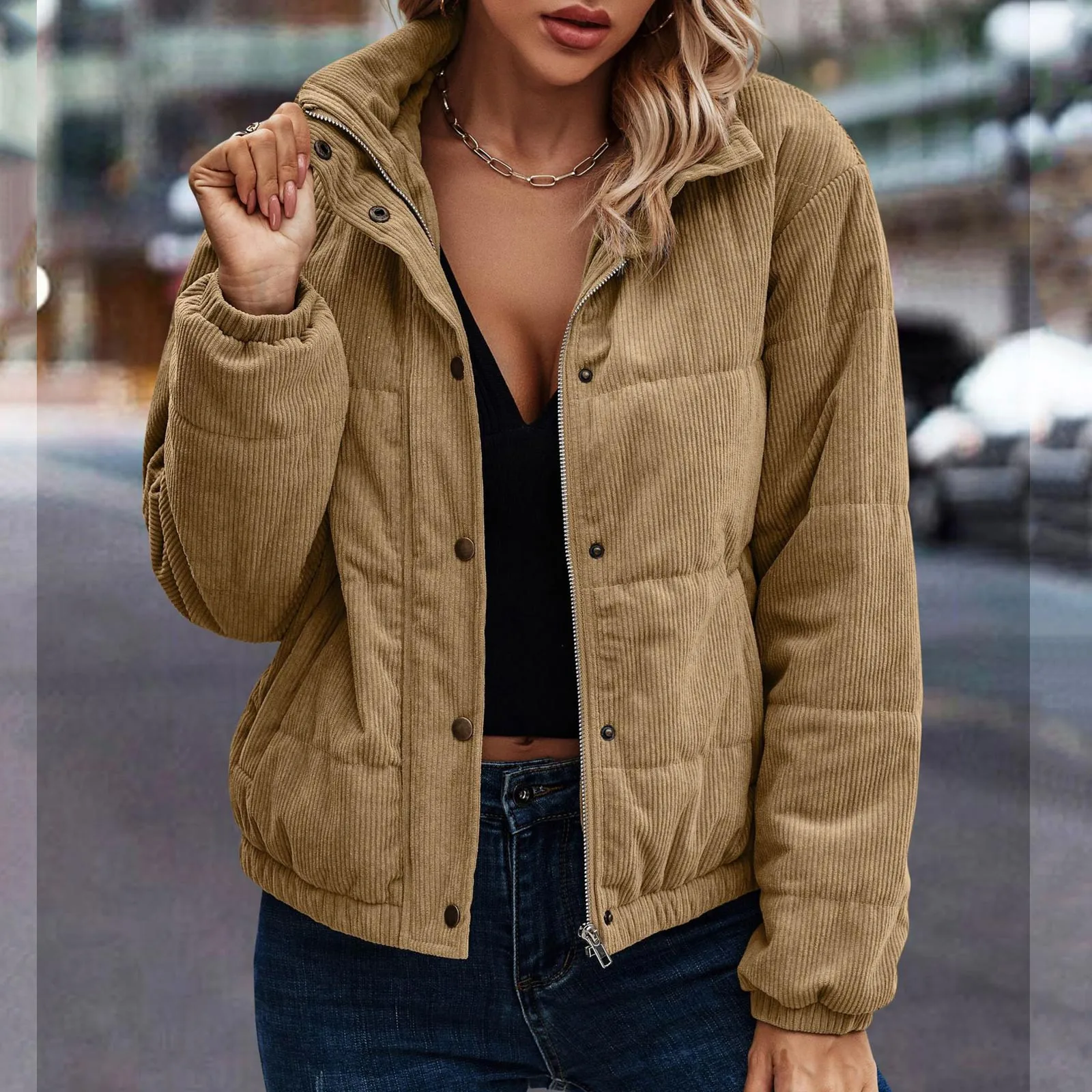 Women Light Thin Zipper Coat Autumn Winter Fashion Casual Loose Outerwear Ladies Stand-Up Collar Ladies Jacket Streetwear