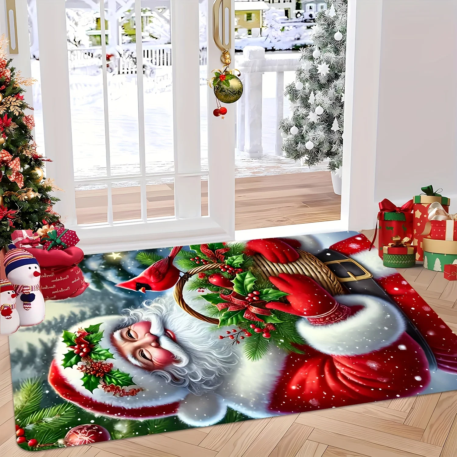 Santa Claus Doormat, Christmas Gift Basket Entrance Rug, 3D Festive Floor Mat, Red Holiday Decor, Non-slip Xmas Carpet