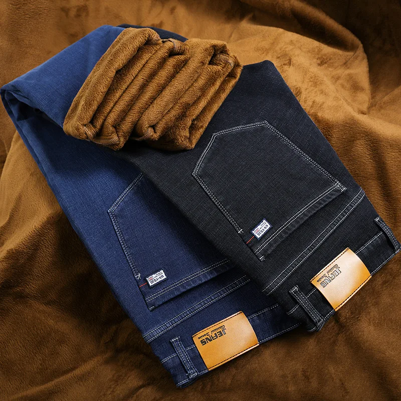 Winter Thermal Warm Flannel Stretch Jeans Men Quality Fleece Pants Men Straight Flocking Thick Trousers Men Jeans
