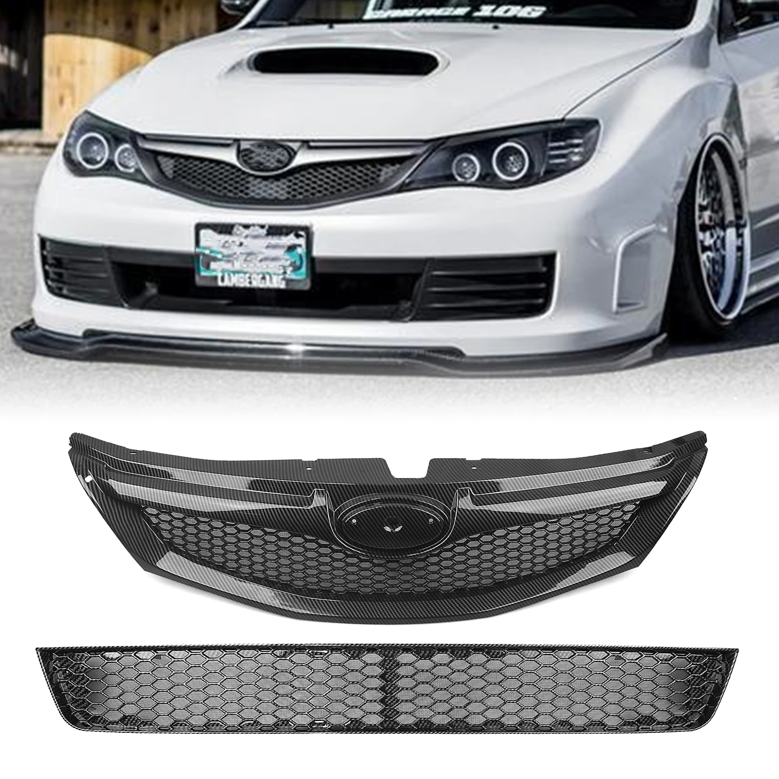 For Subaru Impreza WRX STI 10th Gen 2008-2011 Front Upper Grille + Lower Bumper Grill With Insects Prevention Mesh Cover Grid