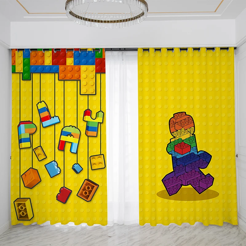 Custom Cartoon Building Block Pattern Amusement Park Decoration Curtain Boy Bedroom Kindergarten Curtain Cloth Custom 2023 New