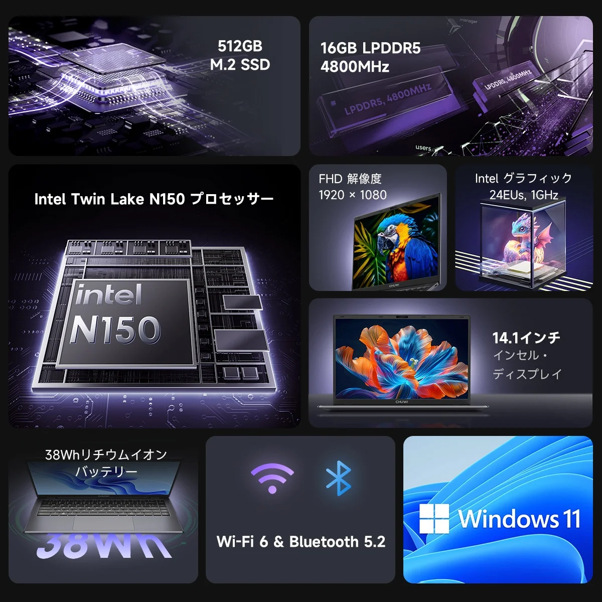 كمبيوتر محمول CHUWI GemiBook XPro بشاشة 14.1 بوصة UHD LPDDR5 16GB RAM 512GB SSD intel12th N150 معالج Windows 11 WIFI6 BT5.2 أجهزة الكمبيوتر المحمولة