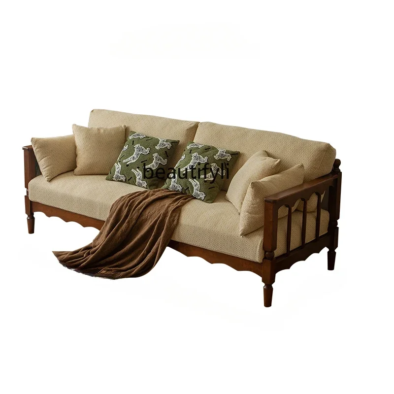 

Retro Cherrywood Solid Wood Sponge Fabric Sofa Living Room French Small Apartment Faux Leather Removable and Washable