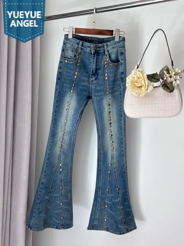 

Fashion Women Rivets Flare Studded Pants High Waist Skinny Slim Fit Jeans Stretchy Distressed Denim Pants Autumn Long Trousers