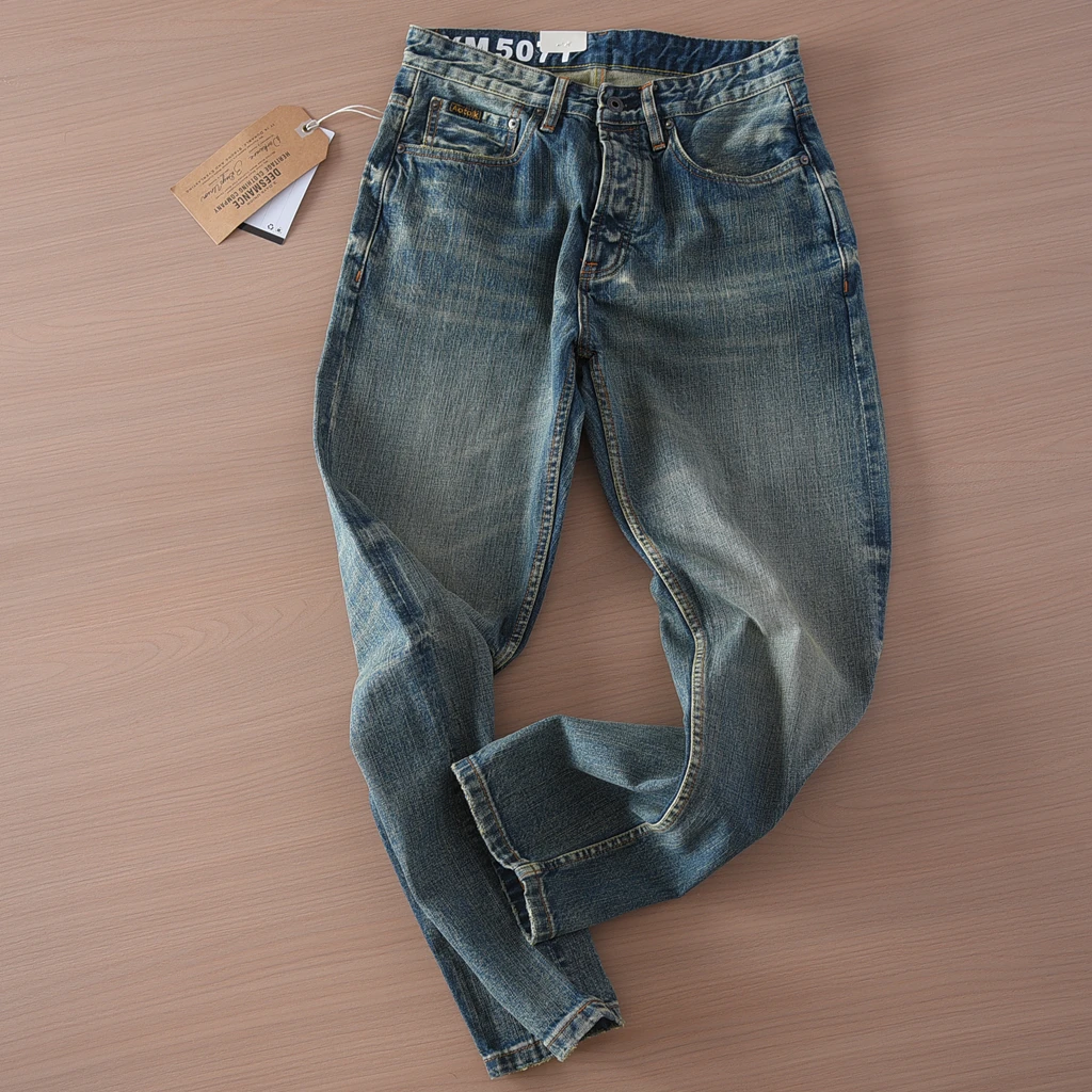 2025 Spring and Autumn New American Retro Red Ear Denim Jeans Men's Simple 100% Cotton Washed Old Casual Loose Straight Pants
