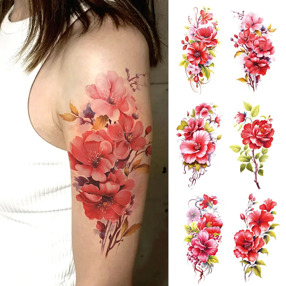 

6pcs Colorful Flower Waterproof Temporary Tattoo Sticker Lily Rose Peony Sexy Totem Body Art Arm Fake Tattoos Sleeve Women Men