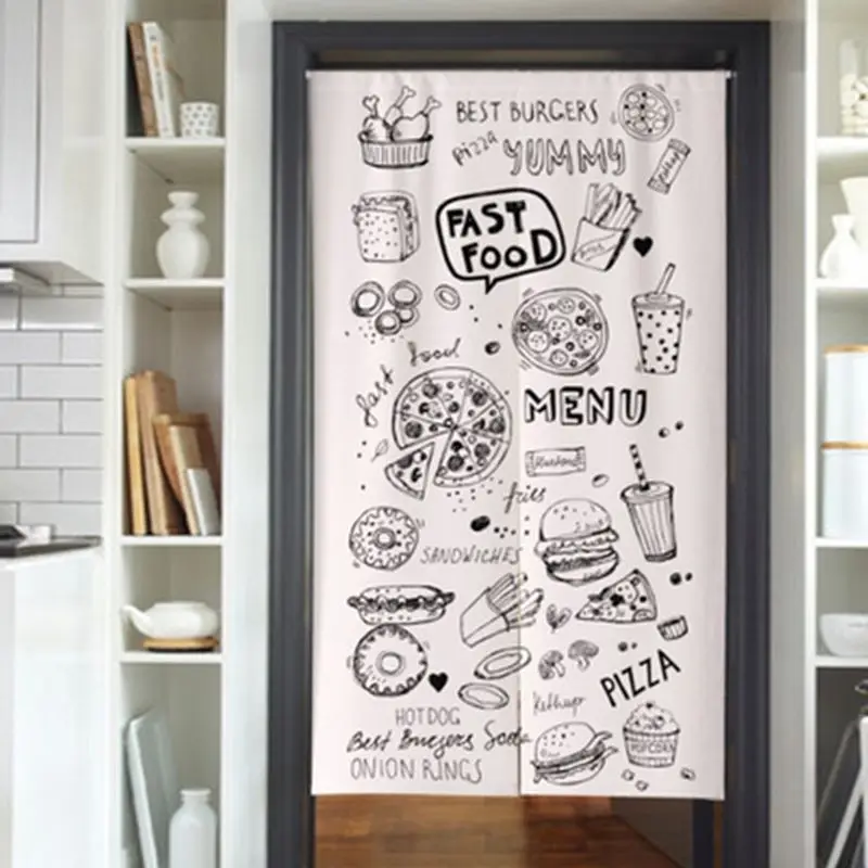 VIKAMA Monochrome Fast Food Menu Door Curtain White Background Line Art Pizza Burger Fries Hot Dog Donut Onion Ring Drink Doodle