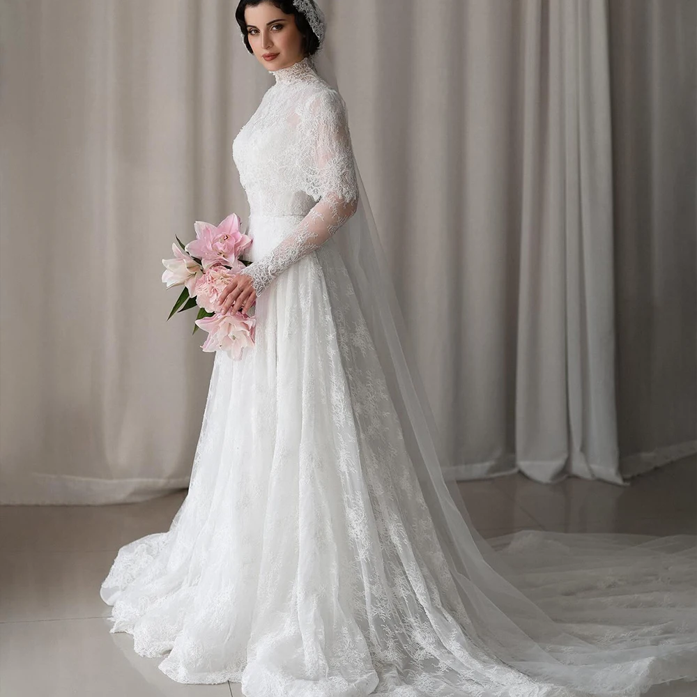 

Elegant Wedding Dresses Cape High Neck Long Sleeve Lace Bride Dress A-Line Sweep Train Bridal Gown Customized robe de mariée