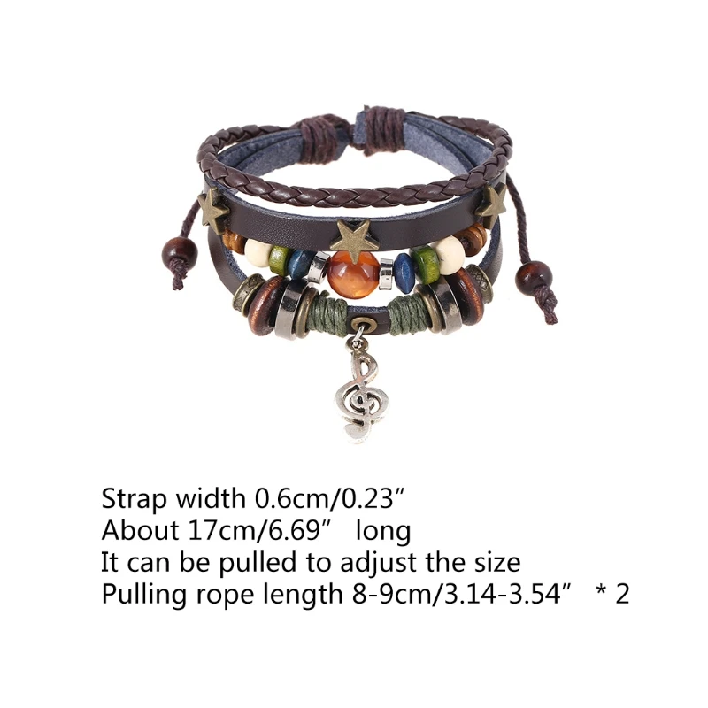 Handmade Boho Gypsy Hippie Design Brown Leather Star Note Metal Button Beads Wrap Unisex Adjustable Bracelet