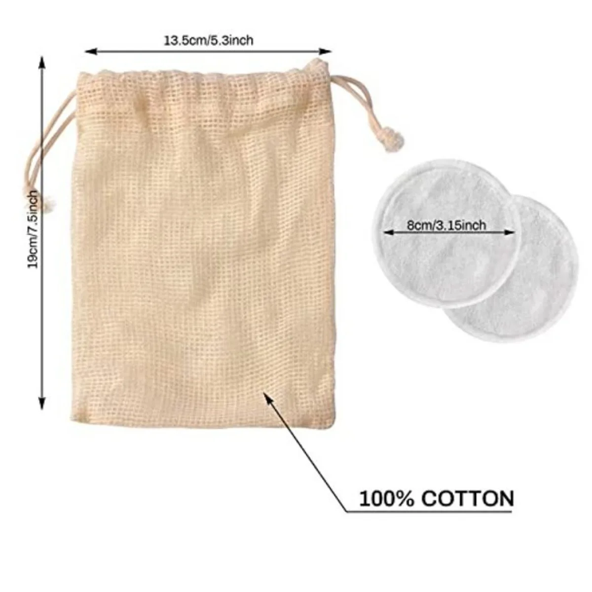 10 pcs reusable face and makeup removal pads with drawstring cotton bags, soft natural reusable cotton circular washable fabric