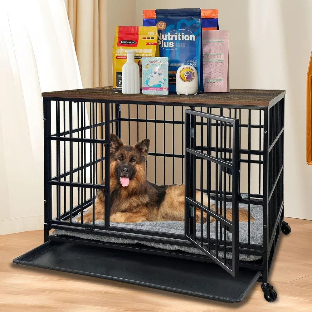 

38 inch Heavy Duty Indestructible Dog Crate Furniture with Cushion and Removable Tray for Large Medium Dogs High Anxiety Wooden