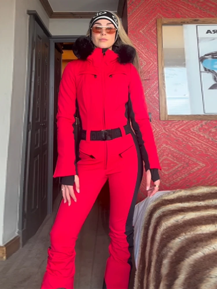 شيك فو الفراء المرقعة المرأة بذلة التزلج عالية حزام خصر سحابات جيب سيدة ملابس التزلج 2025 الشتاء الربيع الإناث رومبير #4