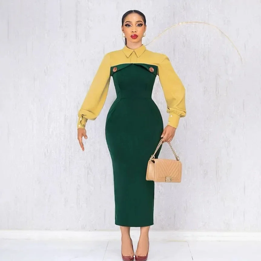 Fashion Women Long Sleeve Turn-down Collar Shirt Maxi Dress  African OL Work Night Club Party Street Long Dresses