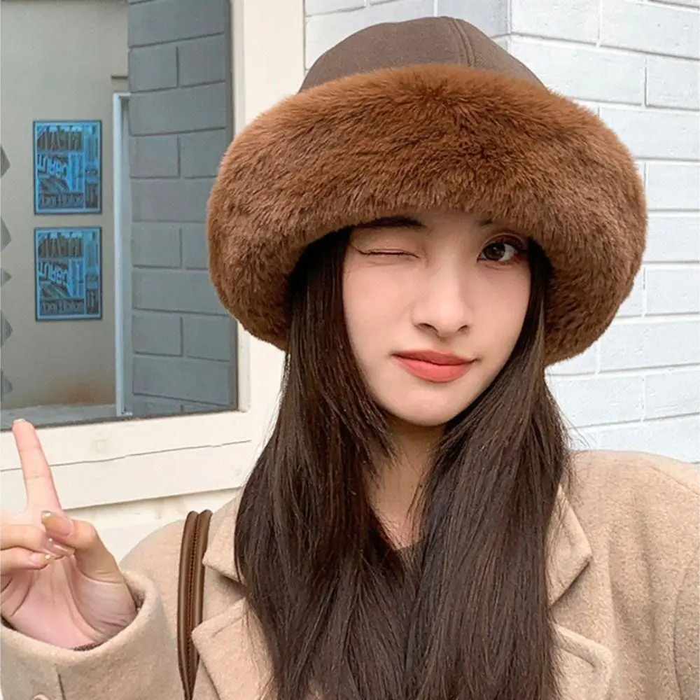 

Kawaii Windproof Velvet Panama Hat Soft Fluffy Fur Bucket Hat Ear Protection Thickened Winter Fisherman Hat Streetwear