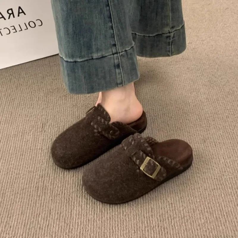 خريف وشتاء جديد للنساء والرجال من جلد الغزال شبشب بمقدمة مغلقة داخلي أو خارجي سهل الارتداء شبشب مسطح متين