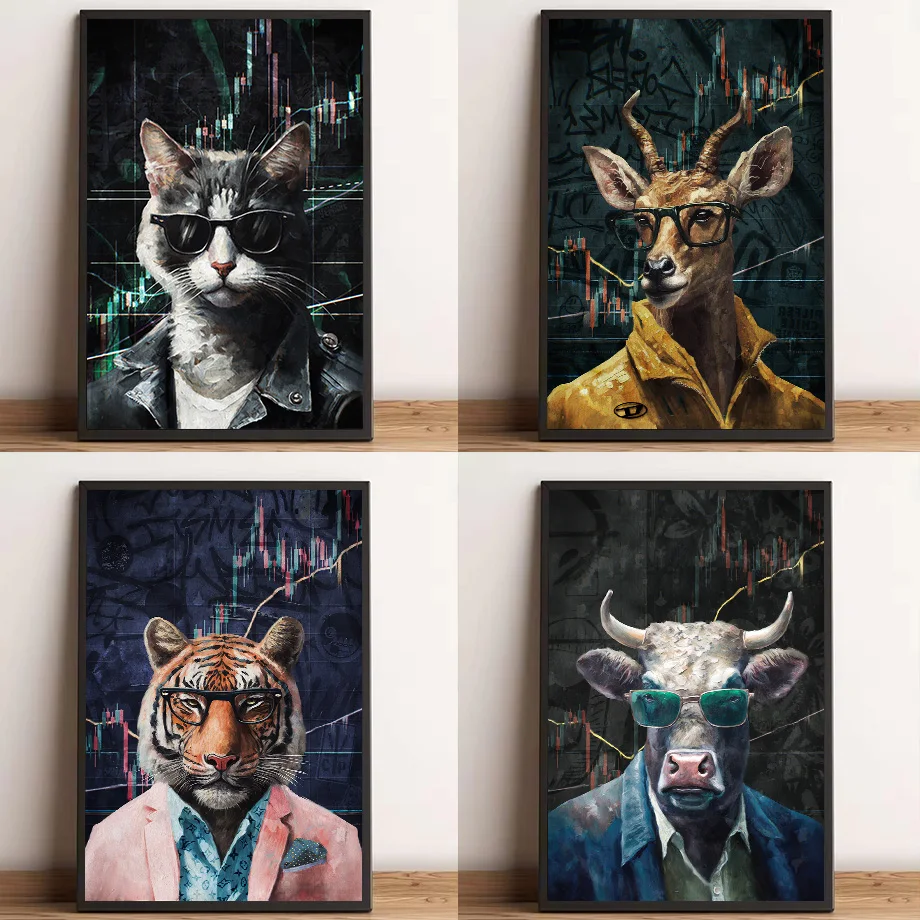 Crypto Animals Wall Street Stock Market Tiger Bull Trading Poster and Printed Wall Art Pictures Home Office Decor Finance Gift