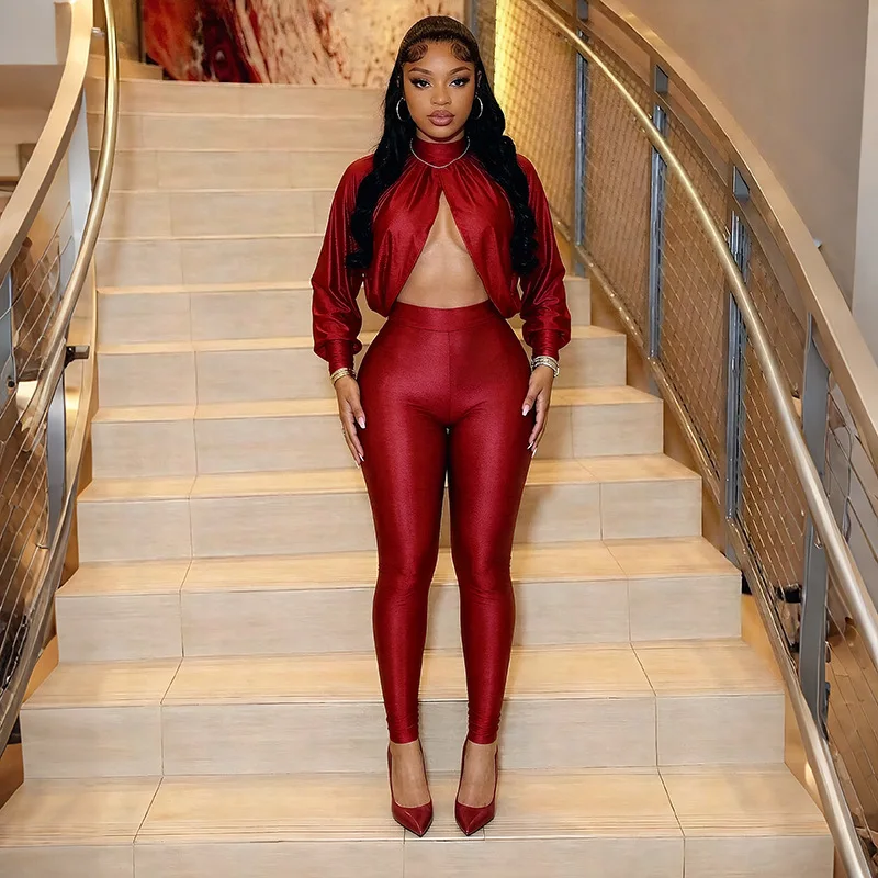 Sexy Batwing Sleeve Tops 2 Piece Pant Set Outfits 2026 Women Autumn Clothing Elegant Luxury Crop Top Two Piece Sets