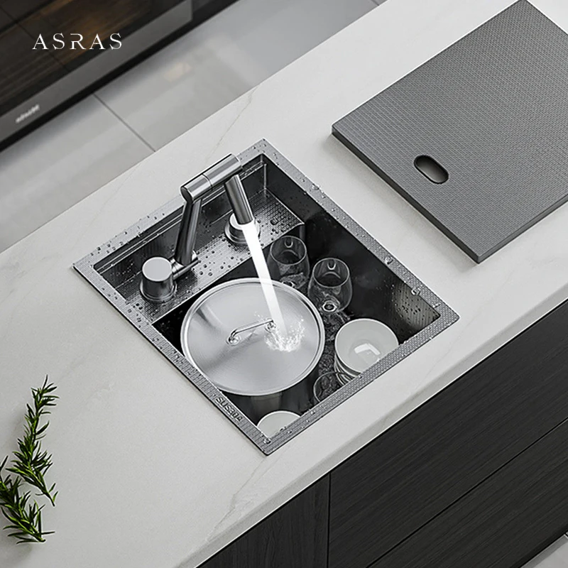 ASRAS SUS 304 Nanometer Hidden Island Kitchen Sink Rice Grain Embossing Prevent Handmade Mini Bar Counter Kitchen Sink