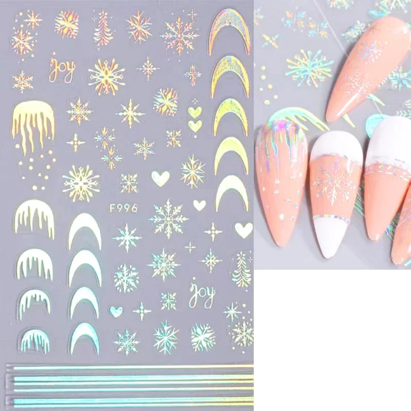 Laser Snowflake Nail Adesivos para o Inverno, Elk Natal, Estrela, Bola de Luz, Suéter, Ano Novo, Holográfico, Francês Manicure Decoração, 3D