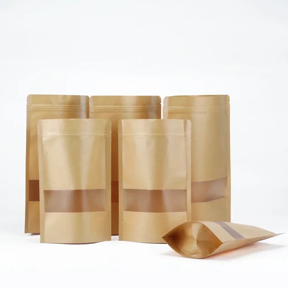 100pcs Zip lock Packing Bags Kraft Paper Stand up Pouch with Window Zipper Packaging Bags for Small Business