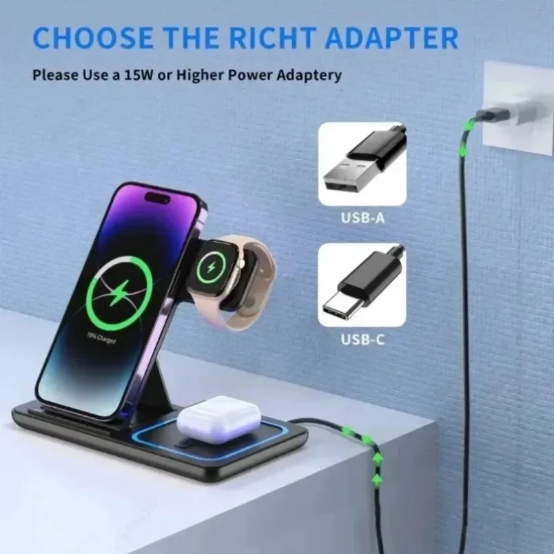 Desktop Organizer 3 in 1 Wireless Charging Station 15W Fast Charge Dual Coil Stand for Home Office Bedside Nightstand