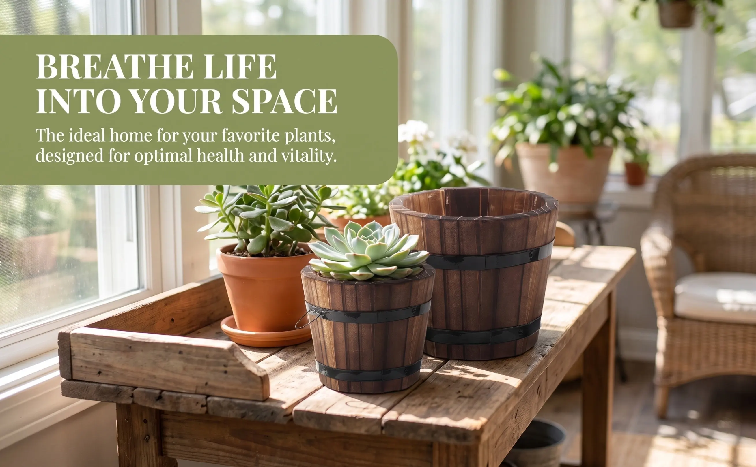 2Pcs Wood Planters Small Whiskey Barrel Flower Pots Brown Rustic Wood Barrel Container Outdoor Indoor Garden