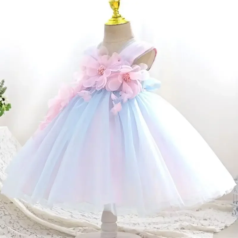 Summer Girls' Princess Party Birthday Dress Flower Strap Fairy Embroidered  Mesh Dress