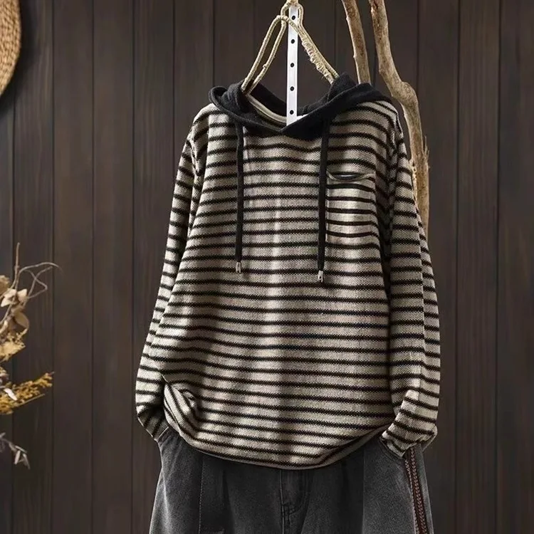 

Autumn Winter New Striped Hooded Cotton Knit For Women Vintage Loose Long Sleeve Base Shirt Versatile Sweater