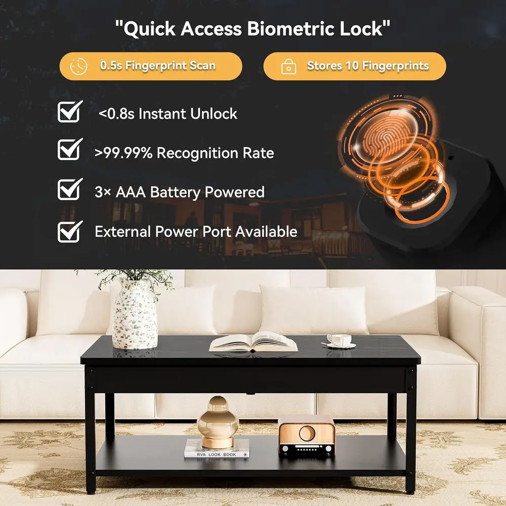 Biometric Safe Coffee Table for Firearms, Wine, and Valuables Storage in Black Marble and Wood