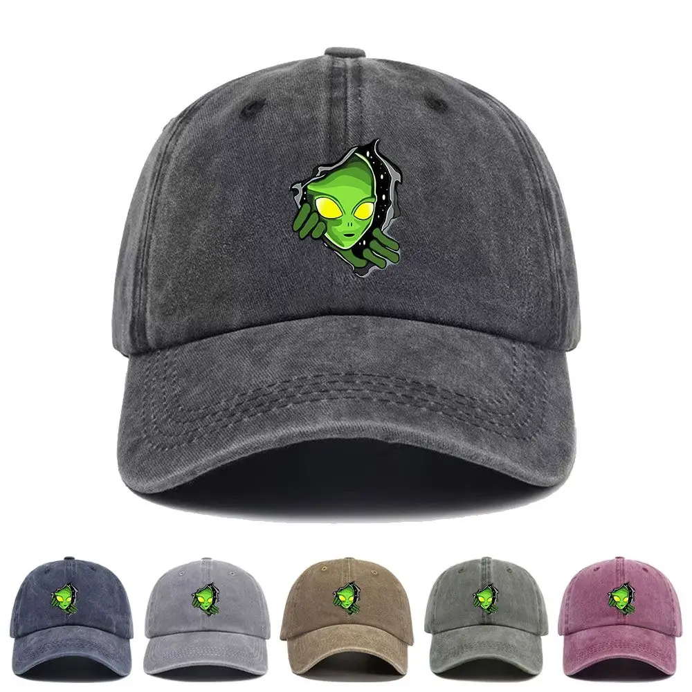 Vintage Washed Baseball Cap Green Alien Peek Design Print Graphic Unisex Streetwear Casual Trucker Style Summer Cotton Sun Hat